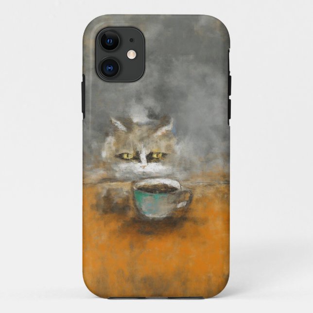 Capa Para iPhone 11 Curioso Cat & Café Art Móvel (Verso)