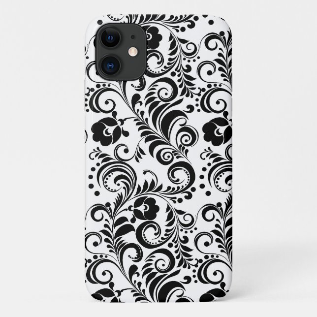 Capa Para iPhone 11 Cute design de fundo floral preto e branco (Verso)