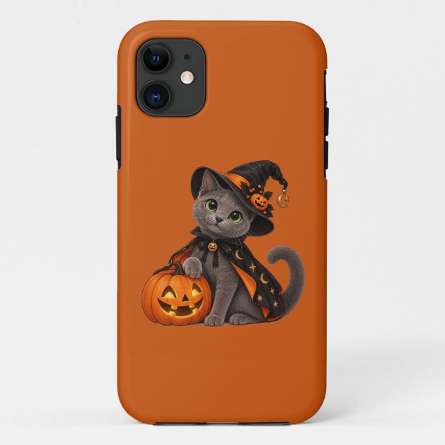 Capa Para iPhone 11 Cute Russian Blue Cat Witch Halloween (Verso)