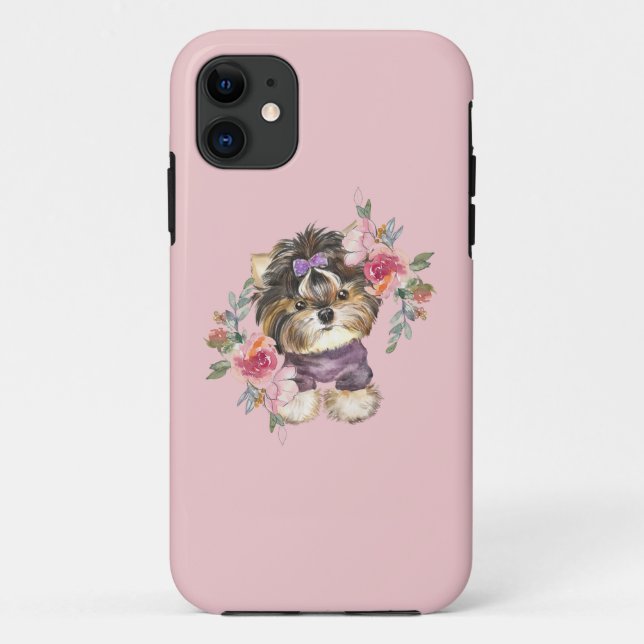 Capa Para iPhone 11 Cute Yorkshire Terrier Yorkie e flores (Verso)