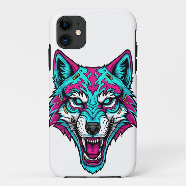 Capa Para iPhone 11 Cyberpunk Neon Wolf - Synthwave Robotic Animal (Verso)