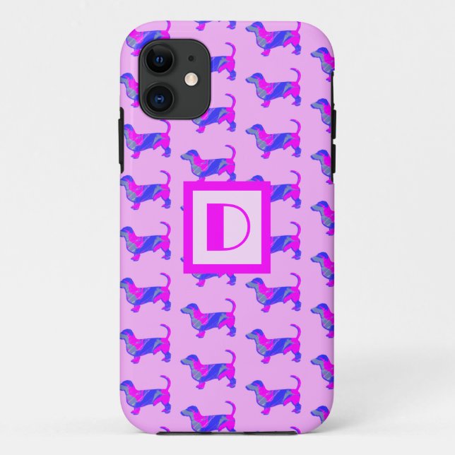 Capa Para iPhone 11 Dachshund / Cão-Daxi Lover Rosa e Monograma Azul (Verso)