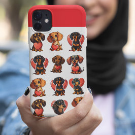 Capa Para iPhone 11 Dachshund e Red Heart Namorados Watercolor