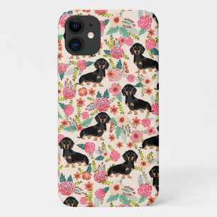 Capa Para iPhone 11 Dachshund Florals preto e bronzeado