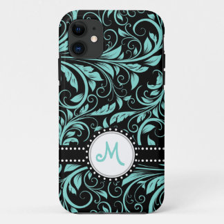 Capa Para iPhone 11 Damasco azul e preto do Aqua com monograma