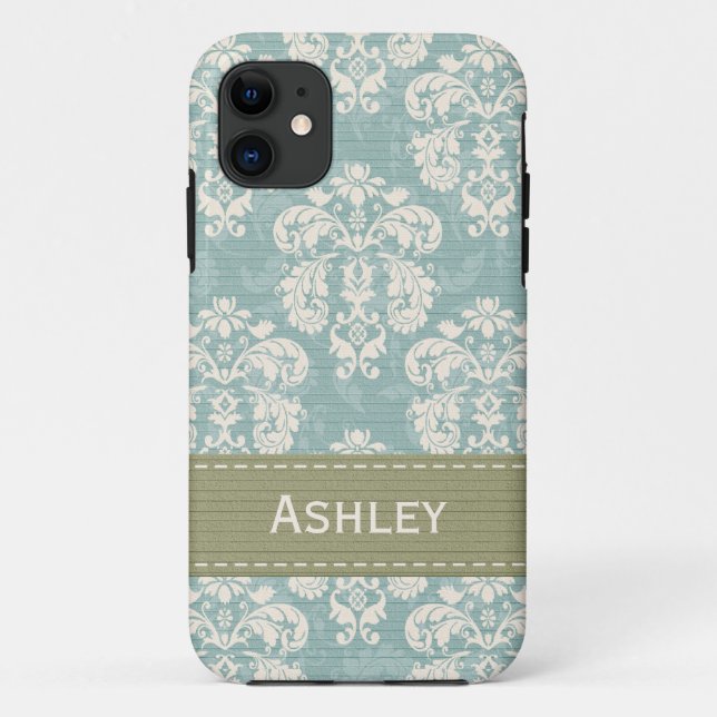 Capa Para iPhone 11 Damasco azul e verde (Verso)