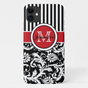 Capa Para iPhone 11 Damasco branco branco preto monograma esticado