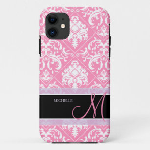 Capa Para iPhone 11 Damasco cor-de-rosa e branco de Bubblegum bonito