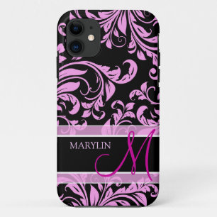 Capa Para iPhone 11 Damasco cor-de-rosa e preto elegante com monograma