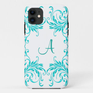 Capa Para iPhone 11 Damasco do azul do Aqua do monograma