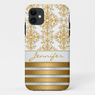 Capa Para iPhone 11 Damasco Dourado e Listras Personalizado