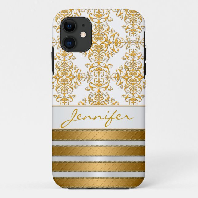 Capa Para iPhone 11 Damasco Dourado e Listras Personalizado (Verso)
