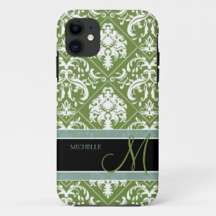 Capa Para iPhone 11 Damasco escuro bonito da verde azeitona & do