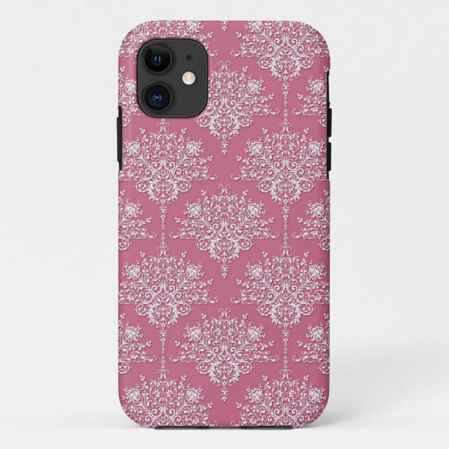 Capa Para iPhone 11 Damasco Floral em Rosa e Branco (Verso)