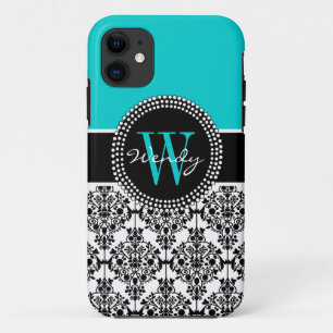 Capa Para iPhone 11 Damasco inicial personalizado do preto da cerceta
