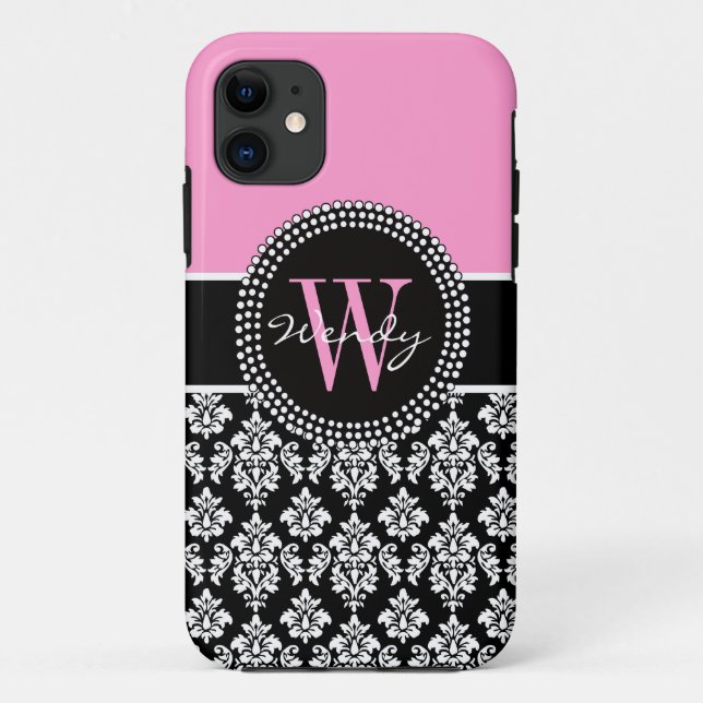 Capa Para iPhone 11 Damasco inicial personalizado preto-rosa (Verso)