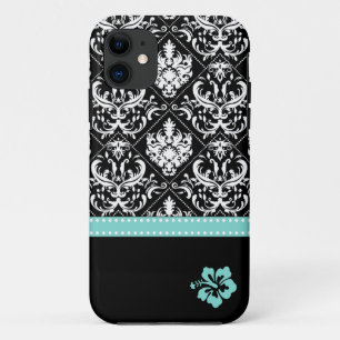 Capa Para iPhone 11 Damasco preto & branco elegante com hibiscus