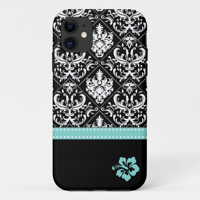 Capa Para iPhone 11 Damasco preto & branco elegante com hibiscus (Verso)