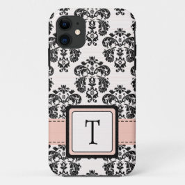 Capa Para iPhone 11 Damasco preto cor-de-rosa Monogrammed