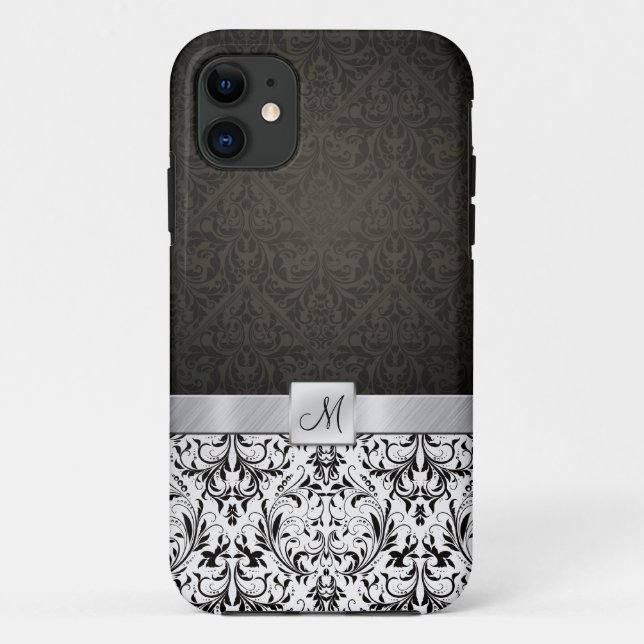 Capa Para iPhone 11 Damasco preto e branco com monograma (Verso)