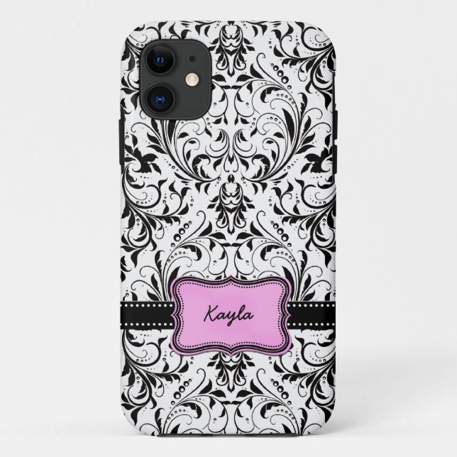 Capa Para iPhone 11 Damasco preto e branco personalizado (Verso)