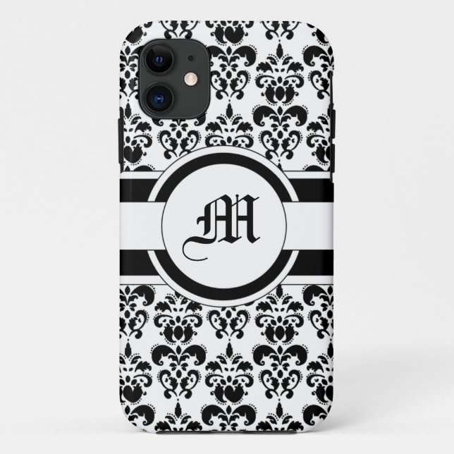 Capa Para iPhone 11 Damasco preto e monograma (Verso)