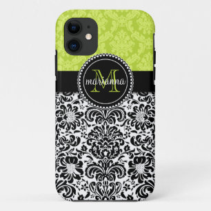 Capa Para iPhone 11 Damasco preto verde elegante personalizado