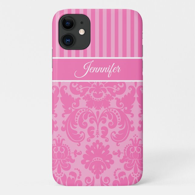 Capa Para iPhone 11 Damasco rosa personalizado e branco listrado (Verso)