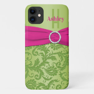 Capa Para iPhone 11 Damasco Rosa Personalizado e Verde