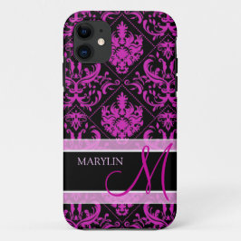 Capa Para iPhone 11 Damasco roxo & preto elegante com monograma