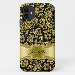 Capa Para iPhone 11 Damascos Florais Metálicos Pretos e Dourados - Per