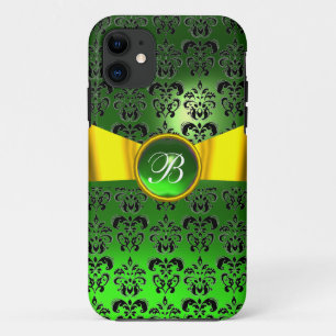 Capa Para iPhone 11 DAMASK GIRLY MONOGRAM — fita amarela verde-dourada
