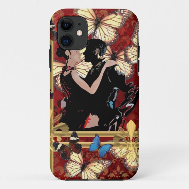 Capa Para iPhone 11 Dançarinos românticos e borboletas (Verso)