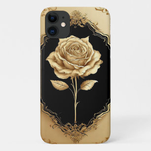 Capa Para iPhone 11 Decoração de Rosa com Embelezamento Dourado