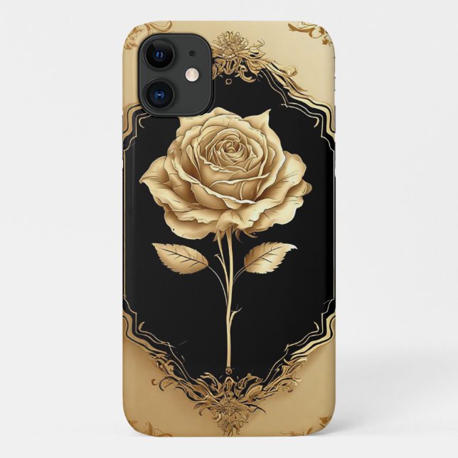 Capa Para iPhone 11 Decoração de Rosa com Embelezamento Dourado (Verso)