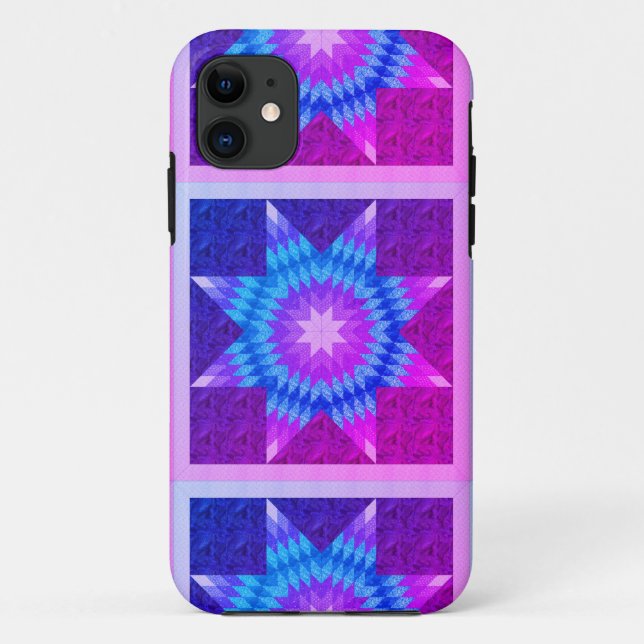 Capa Para iPhone 11 Desenho de Colcha Lone Star Roxo e Turquesa (Verso)
