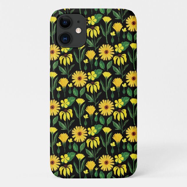 Capa Para iPhone 11 design de margarida amarela em preto (Verso)