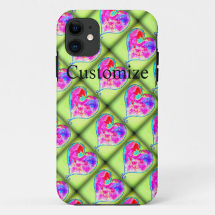 Capa Para iPhone 11 diamantes verdes de corações cor-de-rosa