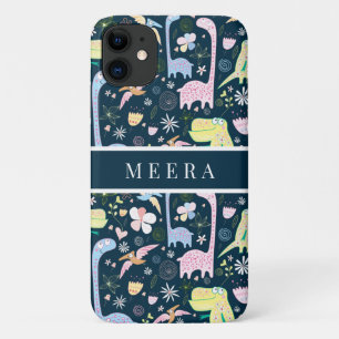 Capa Para iPhone 11 Dinossauros de Cartoon Bonitos Nome do Padrão Azul