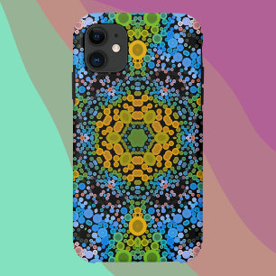 Capa Para iPhone 11 Dot Mandala Flor Azul Amarelo e Verde