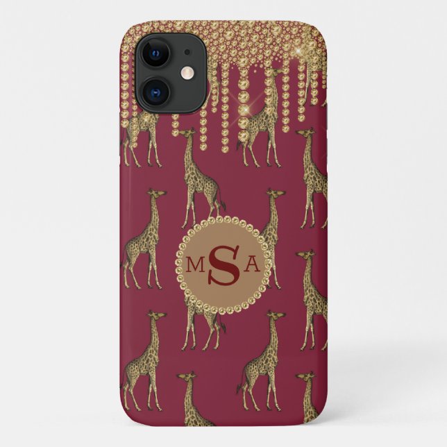 Capa Para iPhone 11 Dourada Giraffe Monograma Bling Burgundy Jewels (Verso)