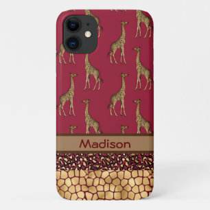Capa Para iPhone 11 Dourada Giraffe Na moda Burgundy Nome Selva Chic