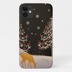 Capa Para iPhone 11 Dourada Vintage Deer Family em Snowy Christmas For