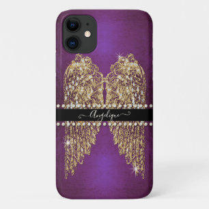 Capa Para iPhone 11 Dourado Anjo Asas Roxas Olham Joias Diamantes