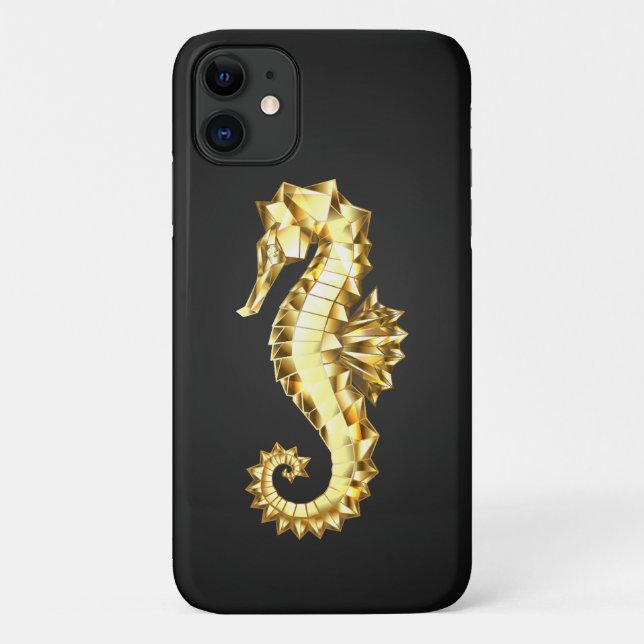 Capa Para iPhone 11 Dourado Cavalo de Mar Poligonal (Verso)