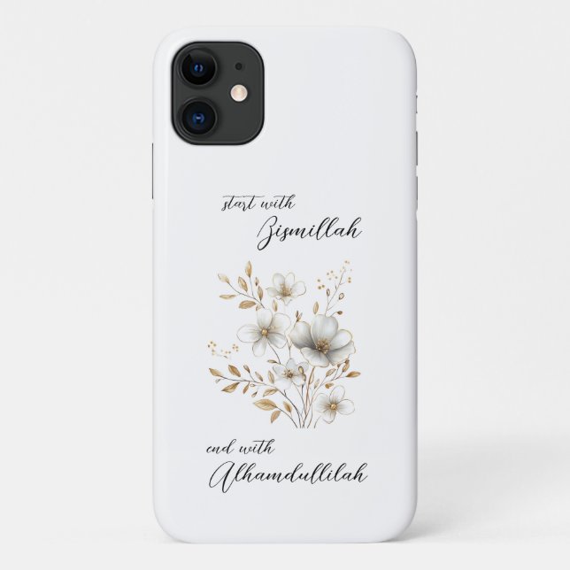 Capa Para iPhone 11 Dourado Floral Bismillah Alhamdulliah (Verso)
