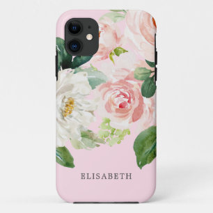 Capa Para iPhone 11 Dourado marfim rosa aquarela Floral com seu nome