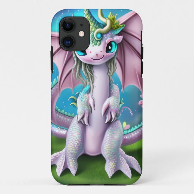 Capa Para iPhone 11 Dragão Bebê Sorridente e Bonito com Flores (Verso)
