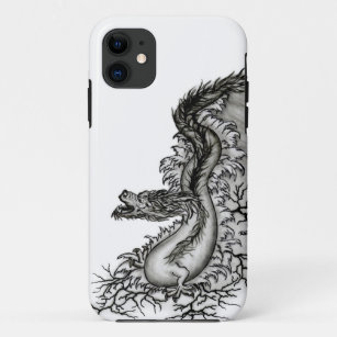 Capa Para iPhone 11 Dragão chinês, Design preto e branco em tatuostilo