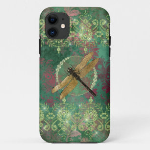 Capa Para iPhone 11 Dragonfly Dourada em Verde com Rhinestones